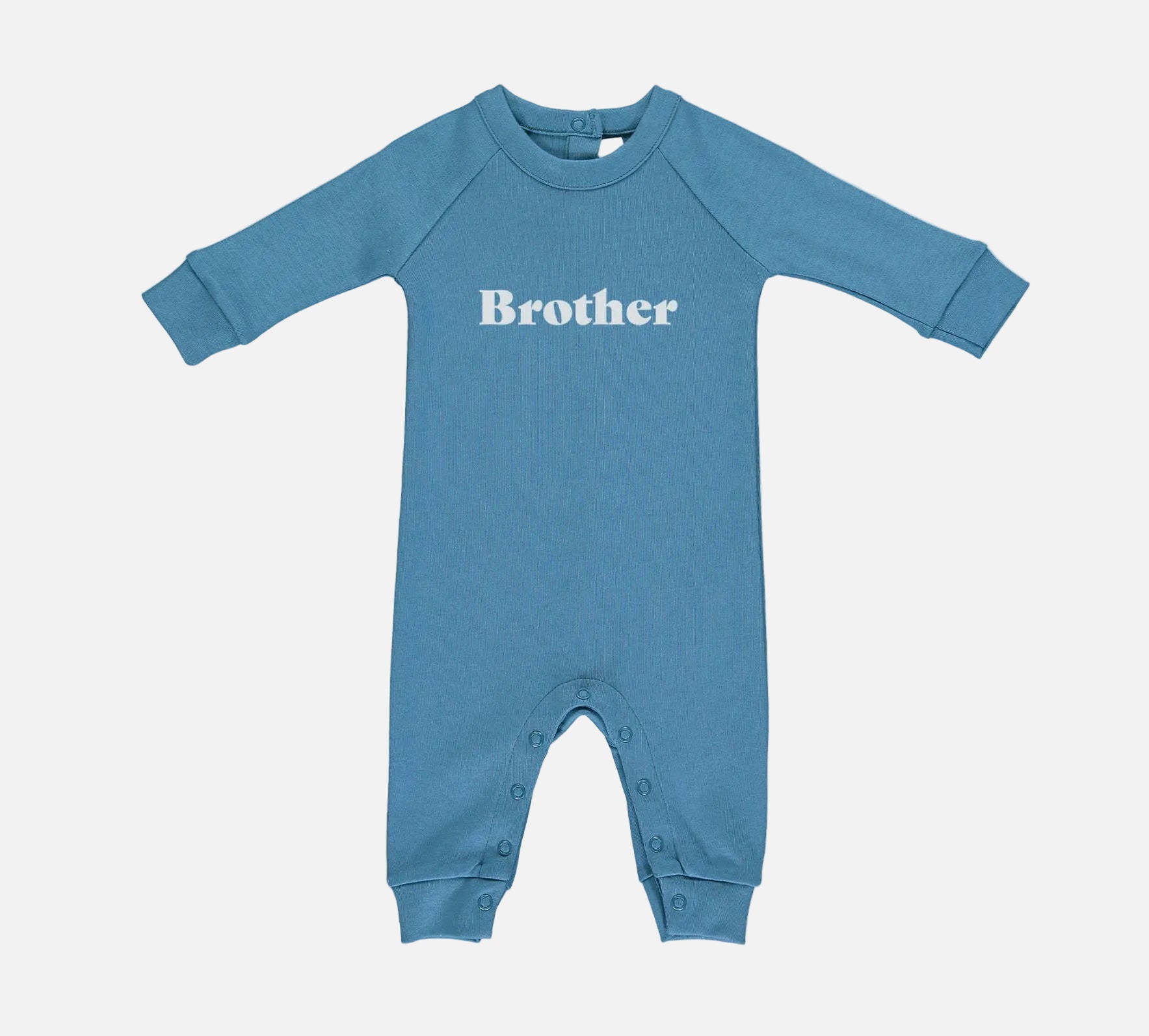 Blue baby onesie with 'Brother' text on a white background