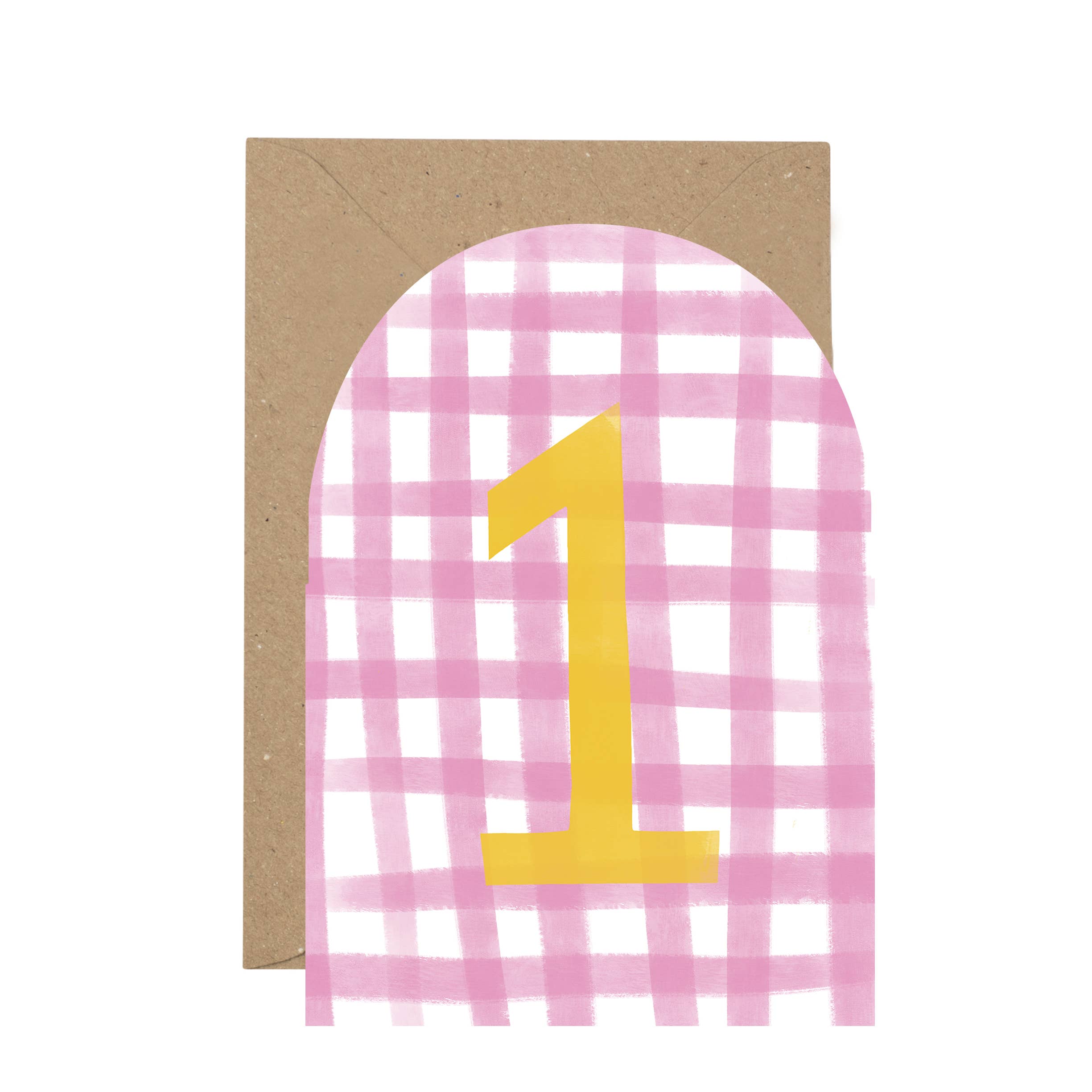 Pink gingham card with a yellow number '1' on a white background