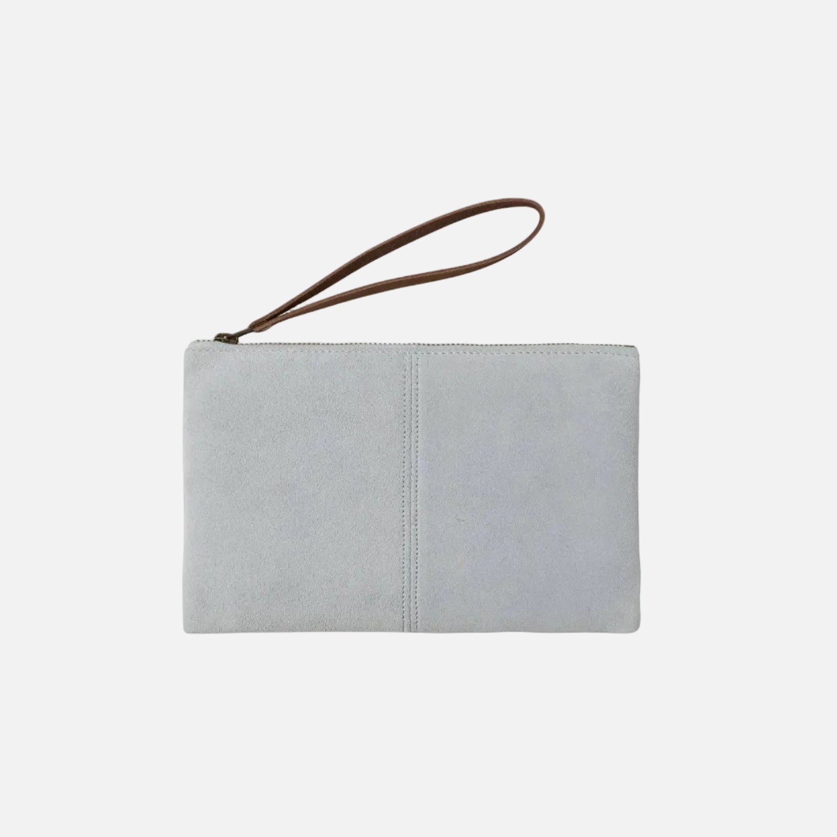 Gray wristlet with brown strap on a white background