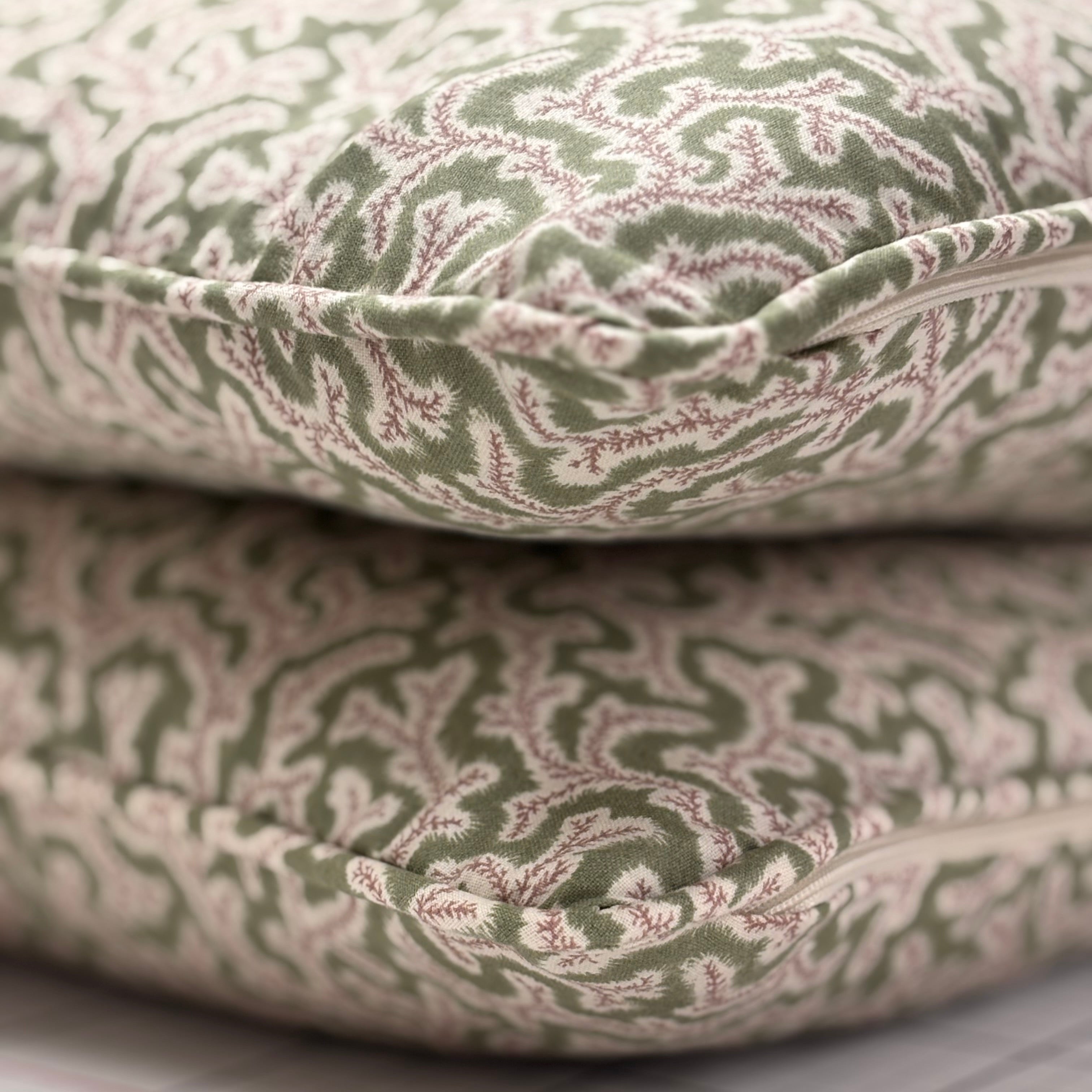 30x45cm cushion in Dulcie Briar Rose print by Ian Sanderson, self-piped with feather filling