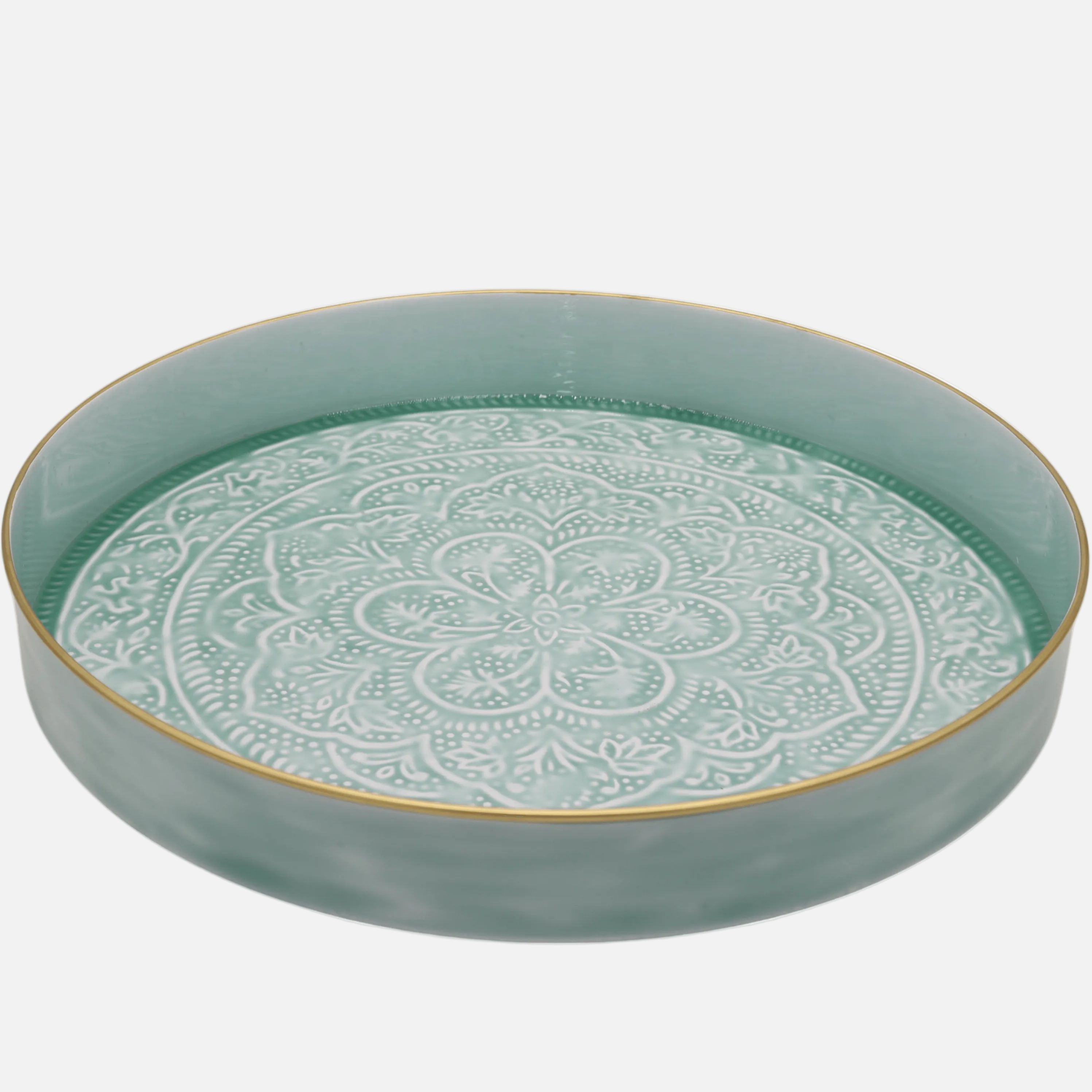 Pale blue ceramic tray with decorative pattern on a white background