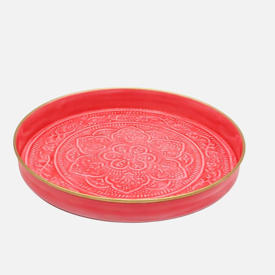 Bright Pink decorative plate with gold rim on a white background