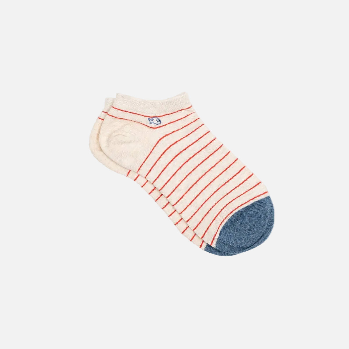 Ankle sock with red stripes and blue toe on a light gray background