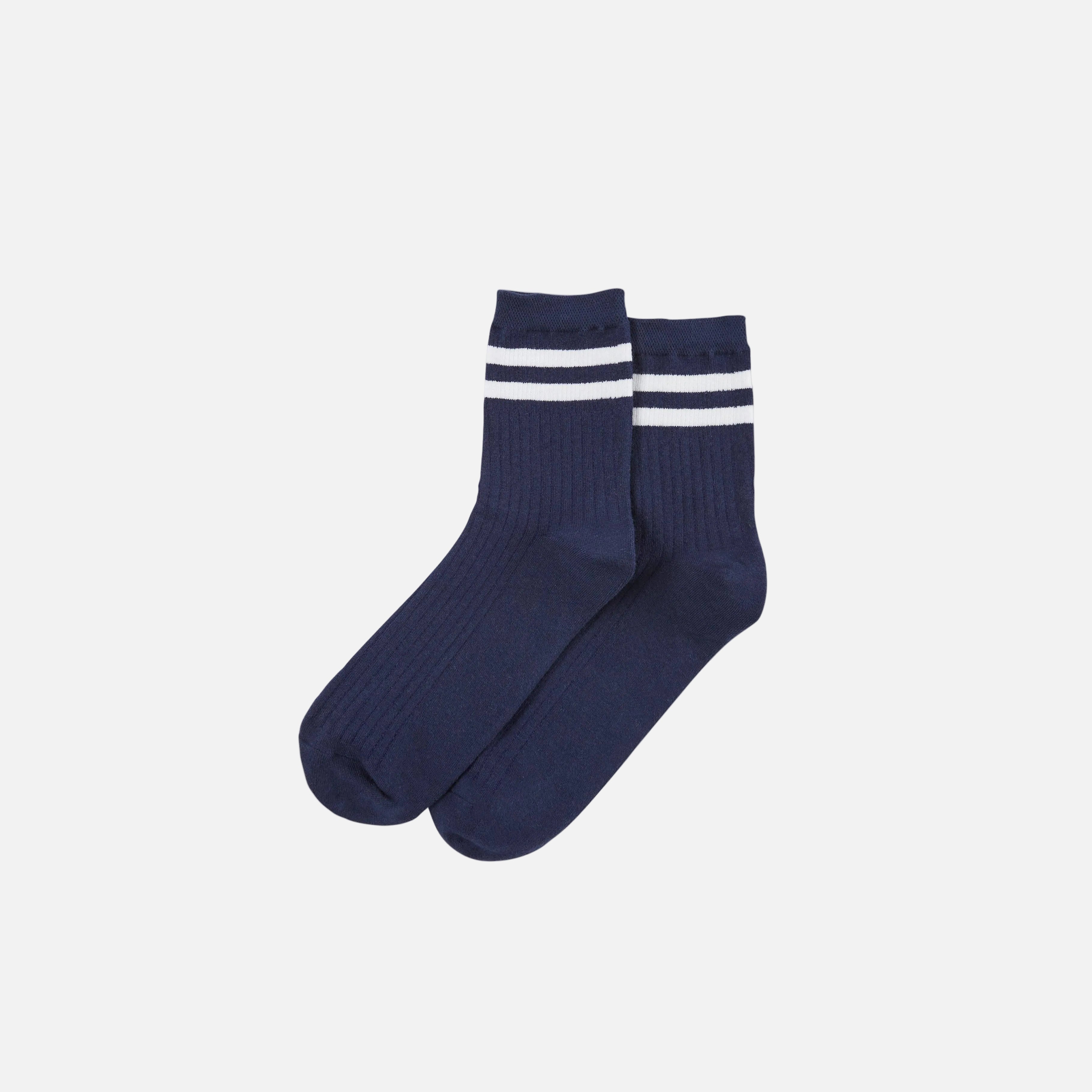 Pair of navy socks with white stripes on a white background
