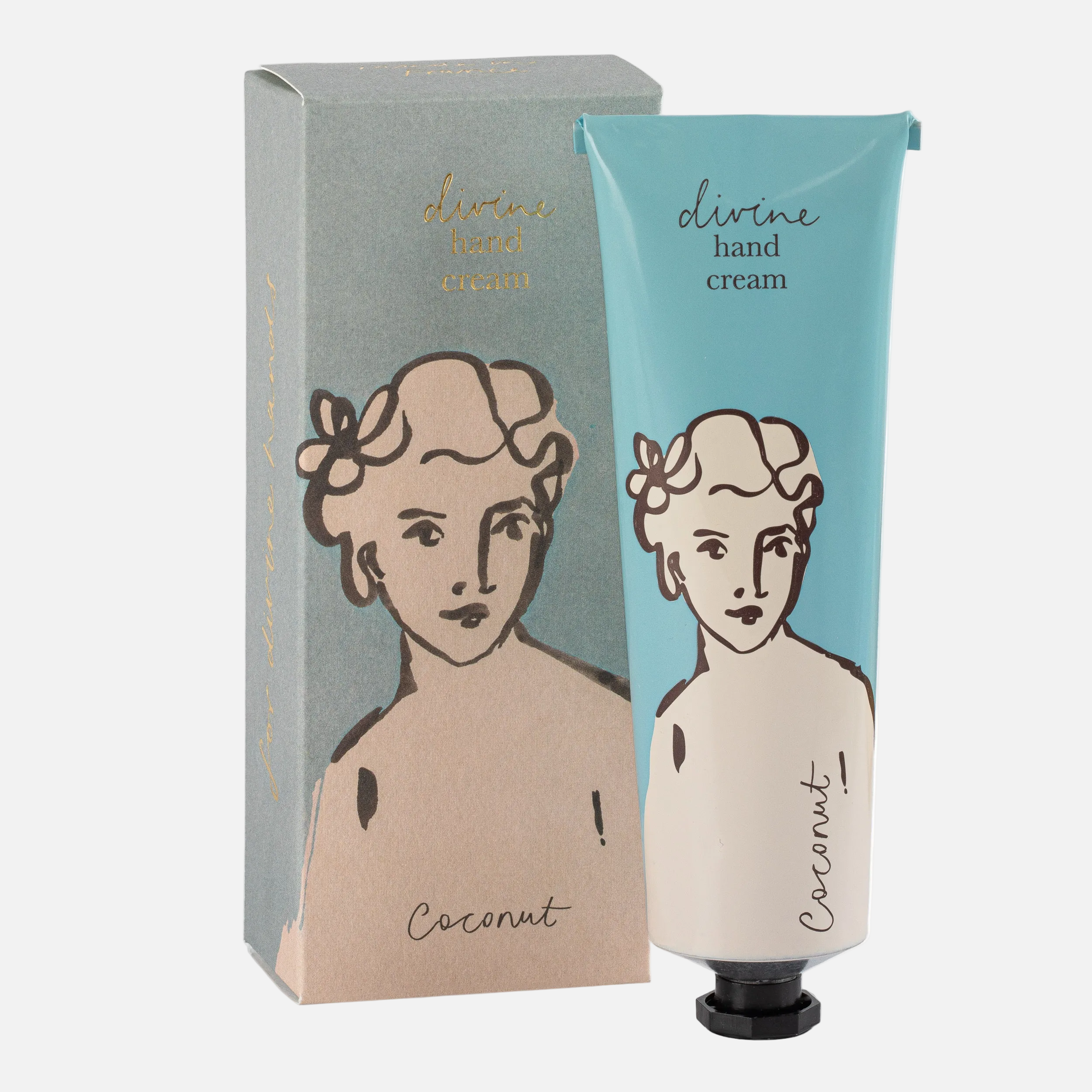 Divine hand cream with packaging featuring illustrations of a woman's face.