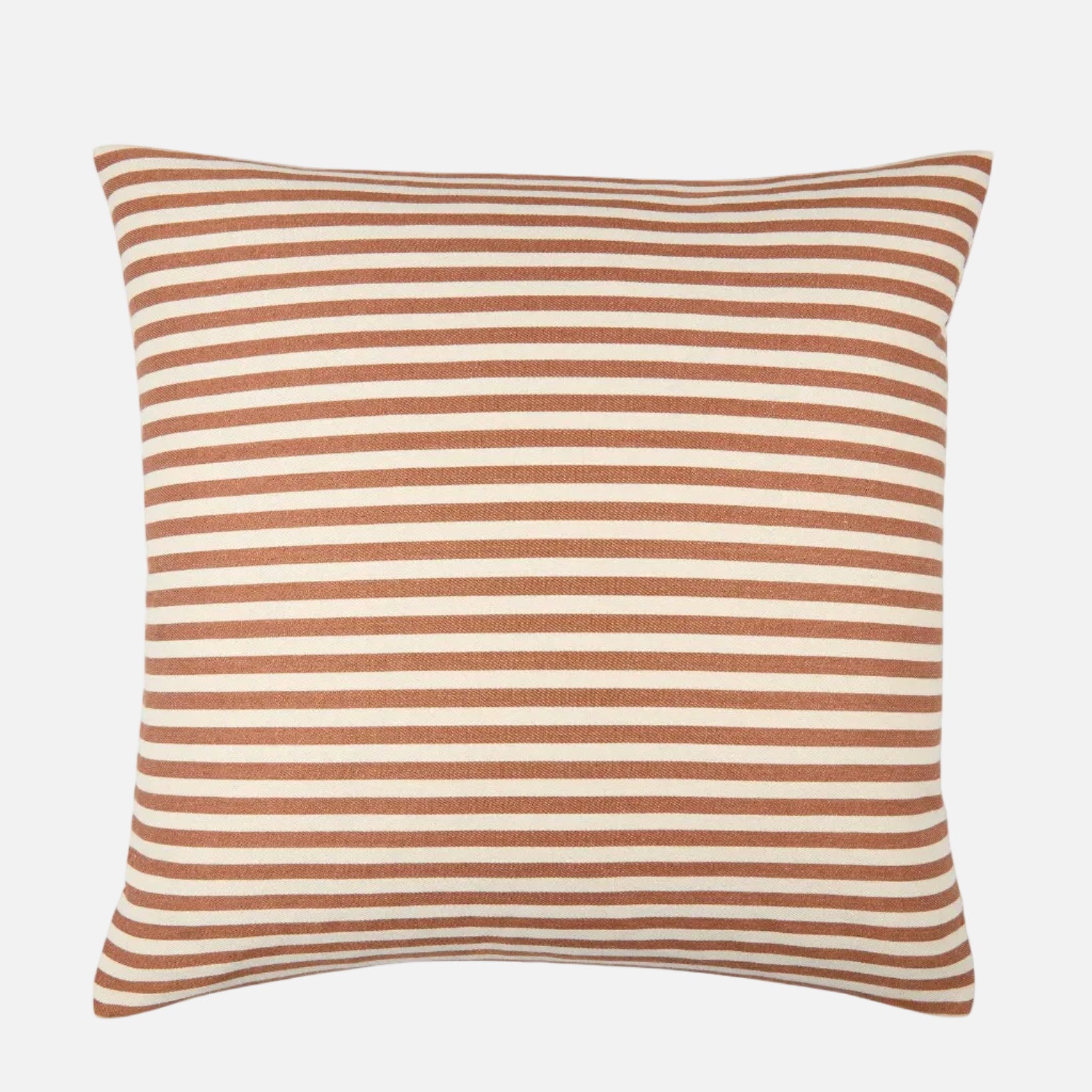 Striped pillow with brown and white stripes on a white background