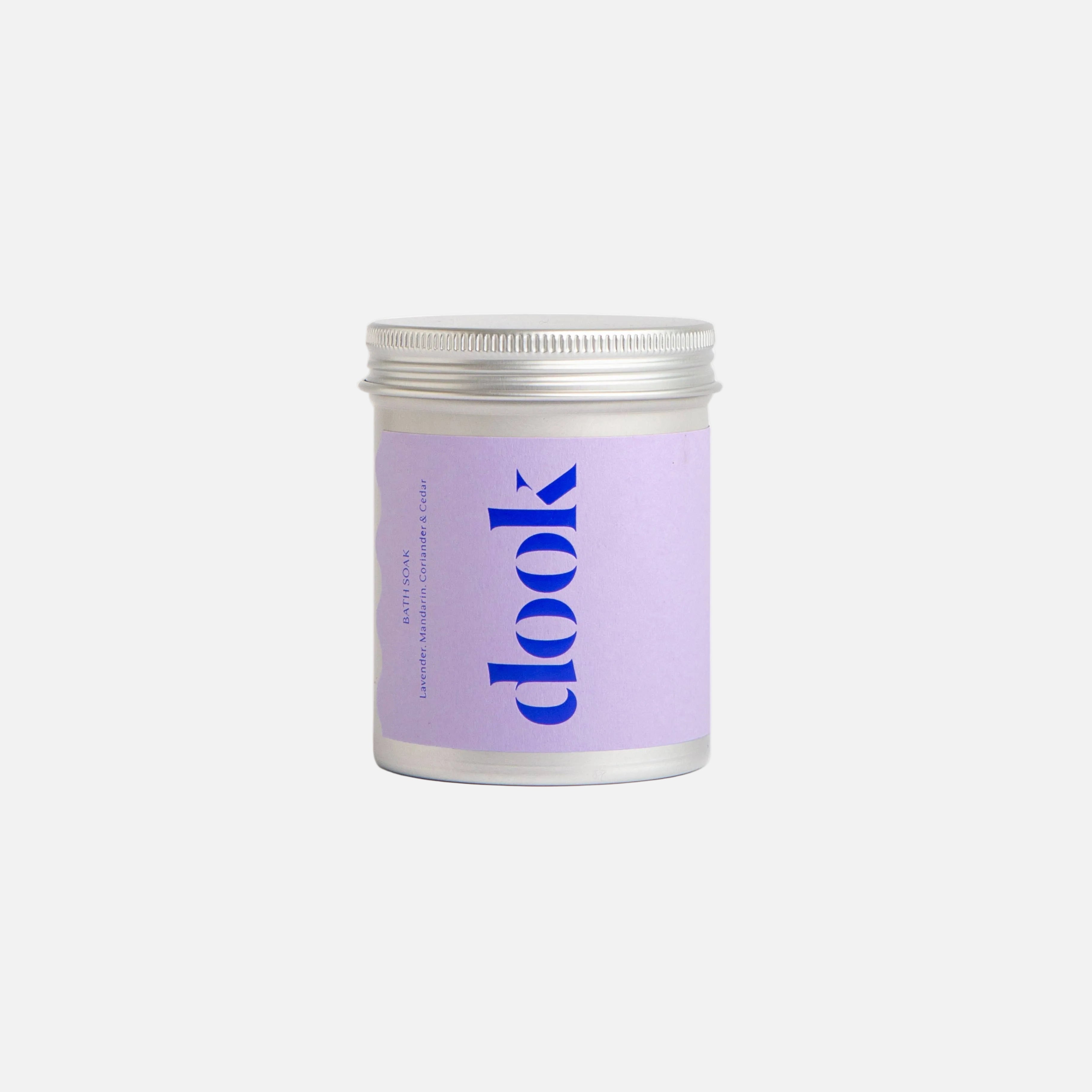 Tin container with purple label and 'clook' branding on a white background