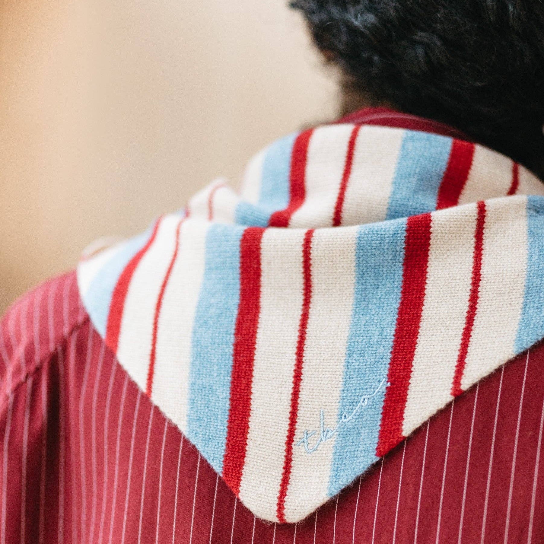 Close-up of a red shirt with a striped scarf against a blurred background
