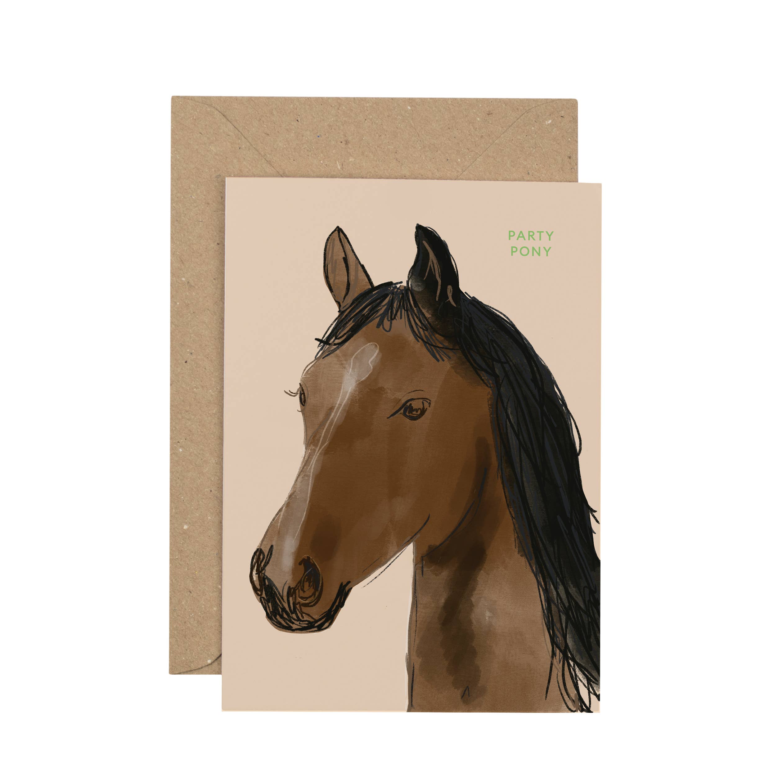 Card with a horse illustration and 'Party Pony' text on a beige background