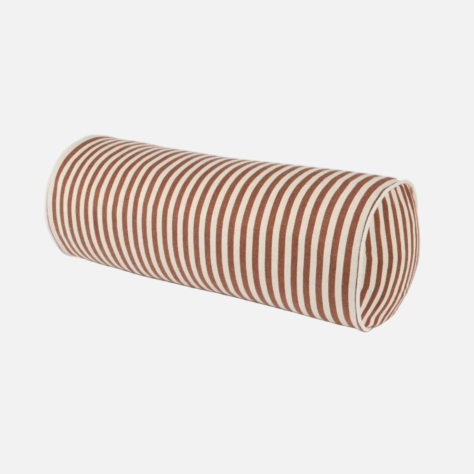 cylindrical pillow with brown and white stripes on a white background