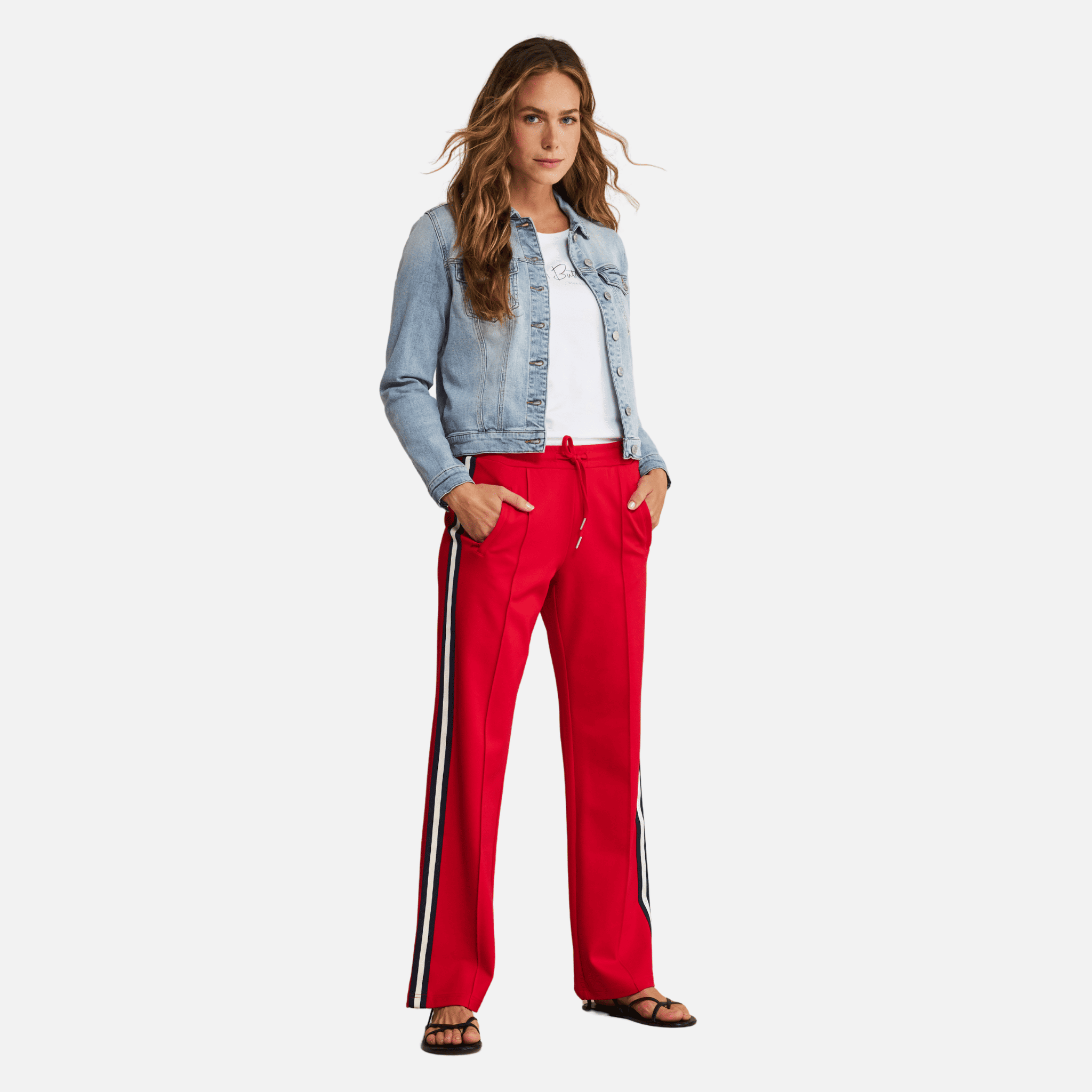 Red Drawstring Waist Trousers with side tape paired with denim jacket