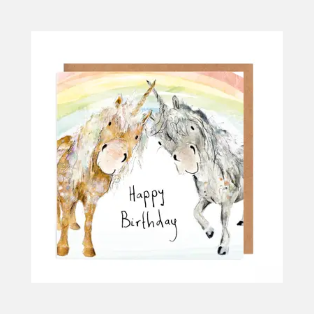 A card featuring two unicorns touching horns with the words Happy Birthday
