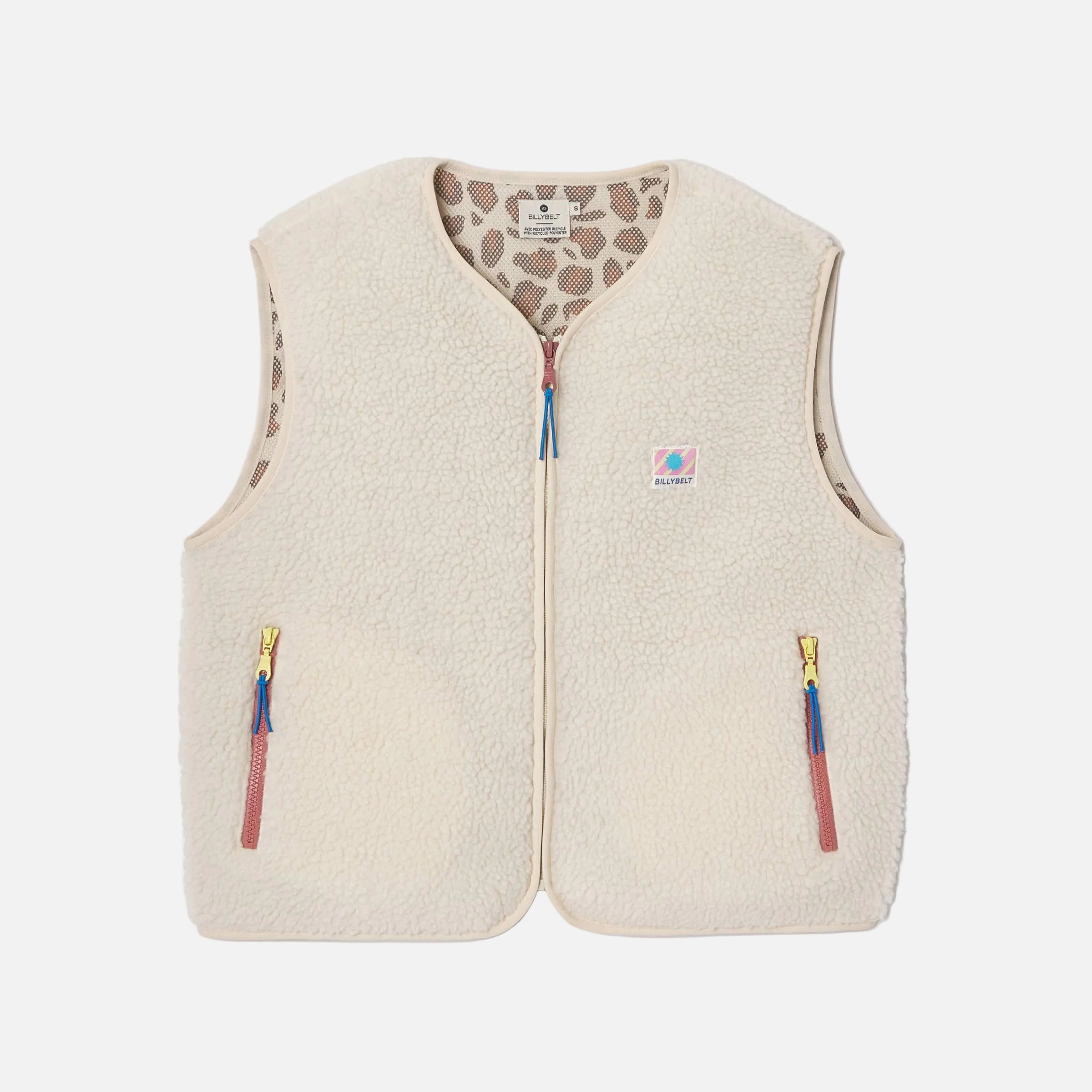 Beige fleece vest with colorful zippers on a white background