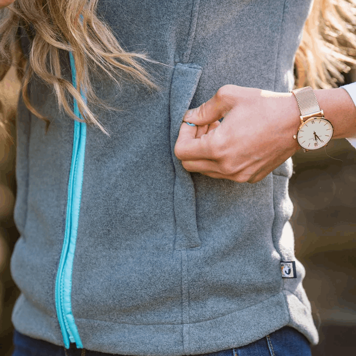 Nattily Dressed Adult Gilet | Grey with Sky Trim & Wool Pom