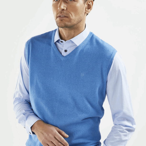 Men's Fine Gauge Cotton V-Neck Sleeveless Jumper (4220) | Horizon Blue