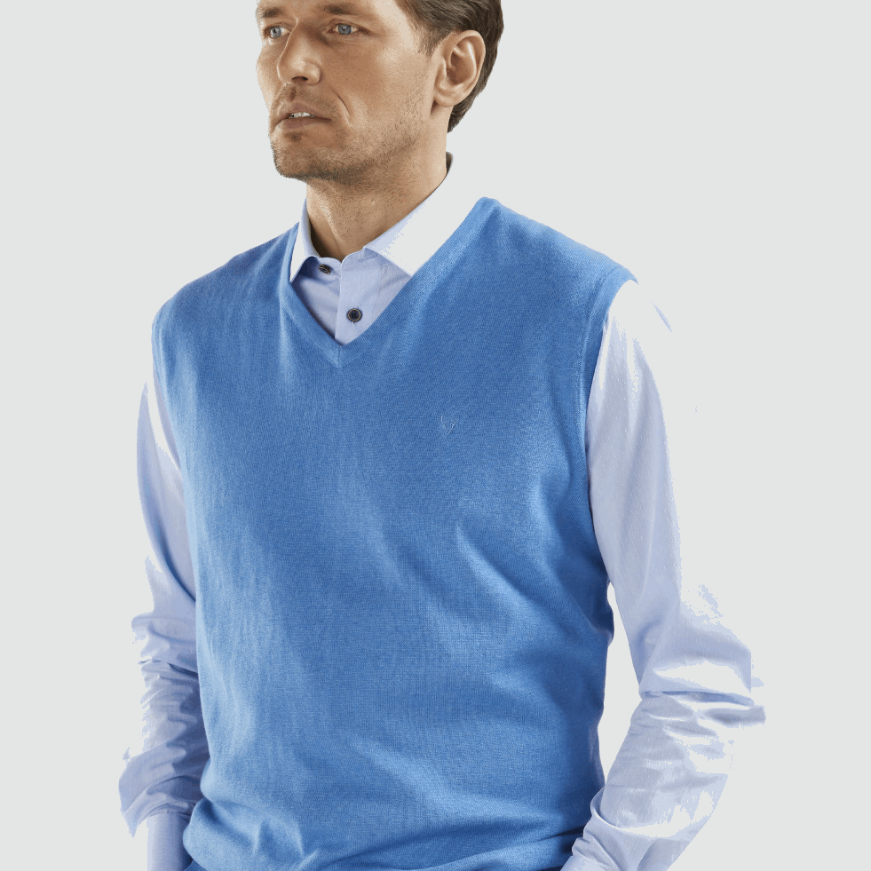 Men's Fine Gauge Cotton V-Neck Sleeveless Jumper (4220) | Horizon Blue