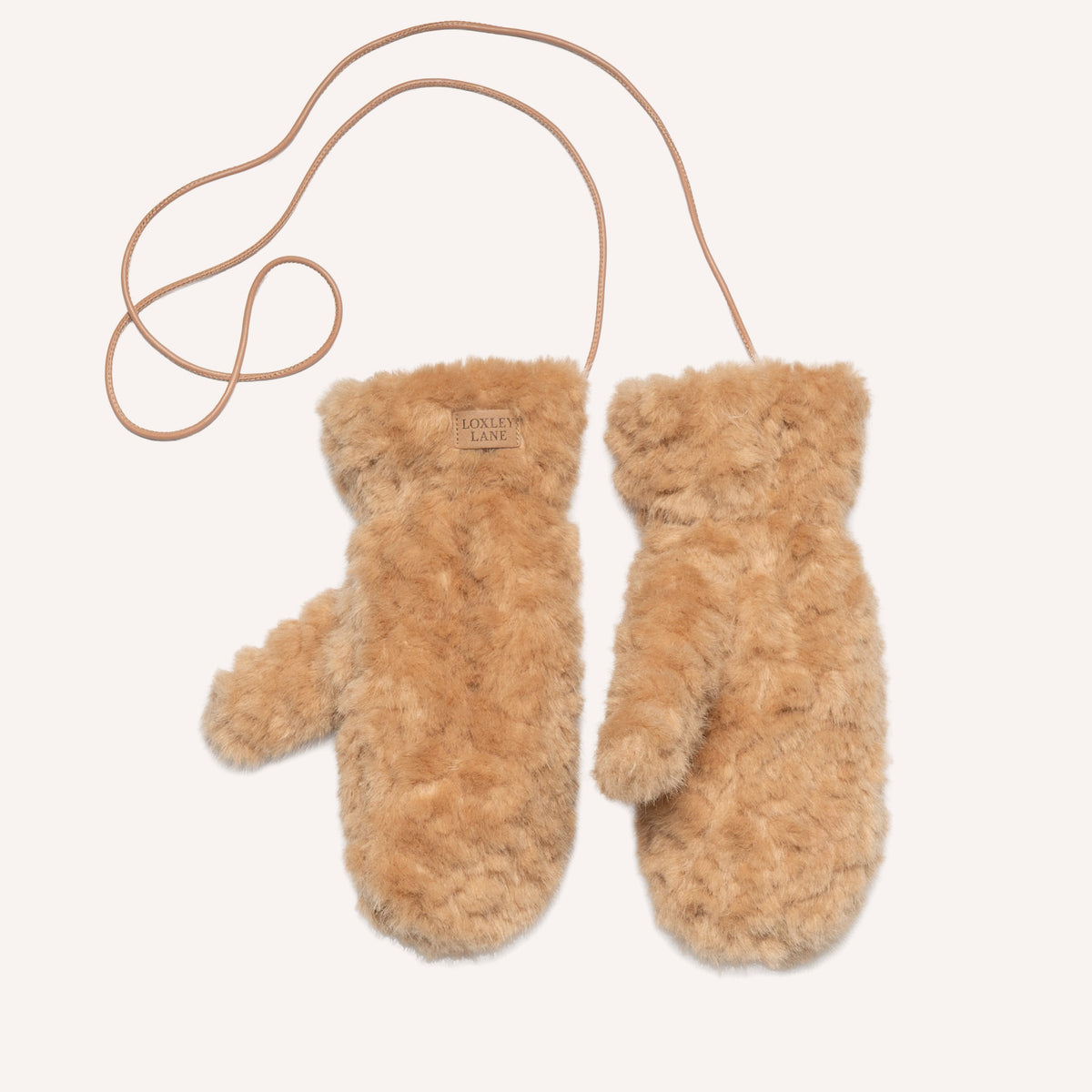 Loxley Lane faux teddy fur mitts with detachable strap in Caramel