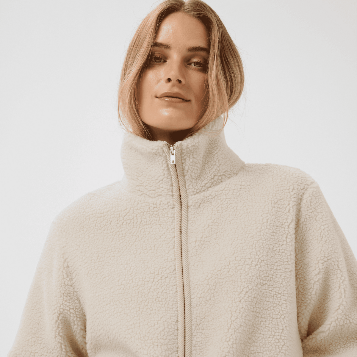 Part Two Catharina Fleece Jacket in Oatmeal, close-up front view on model