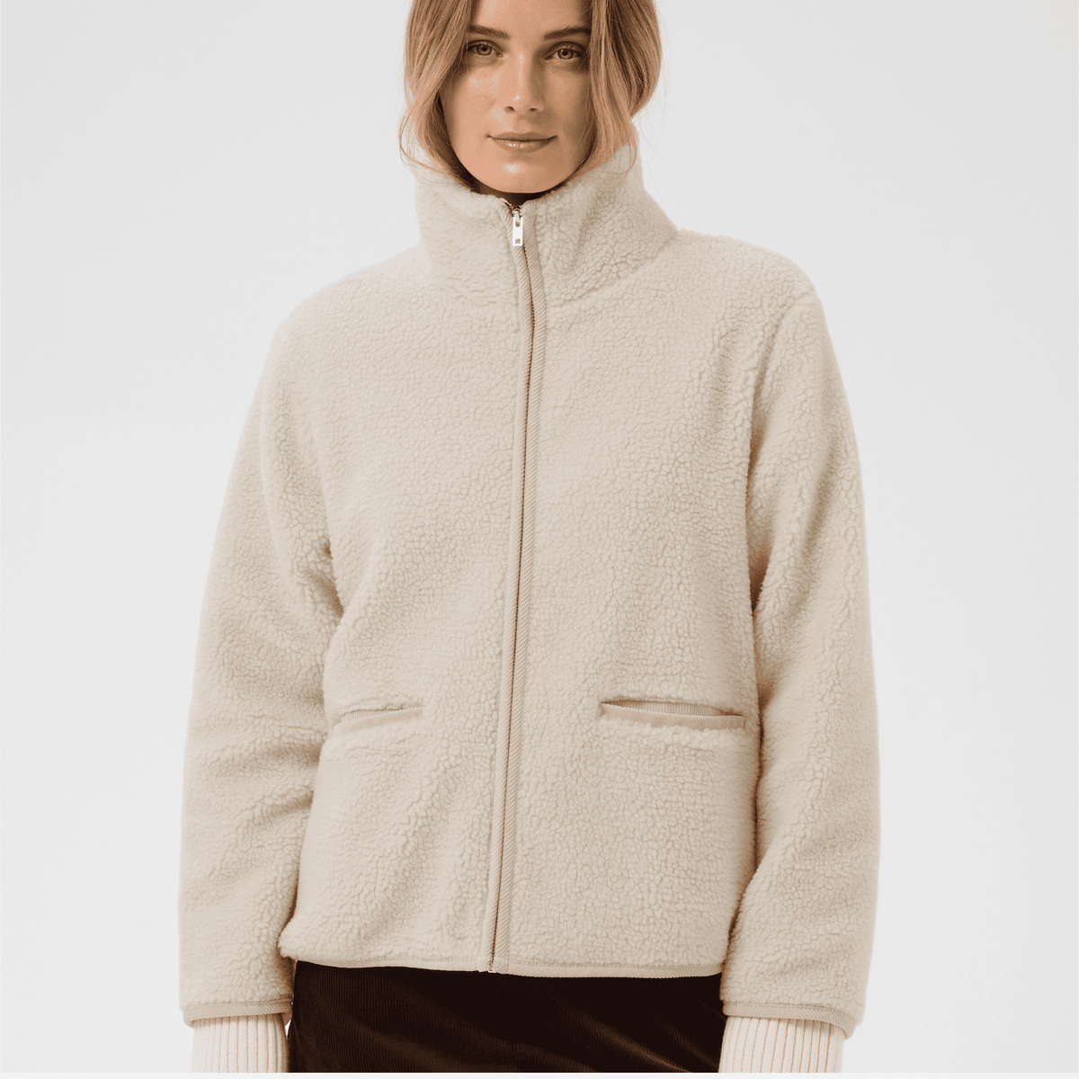 Part Two Catharina Fleece Jacket in Oatmeal, front view on model
