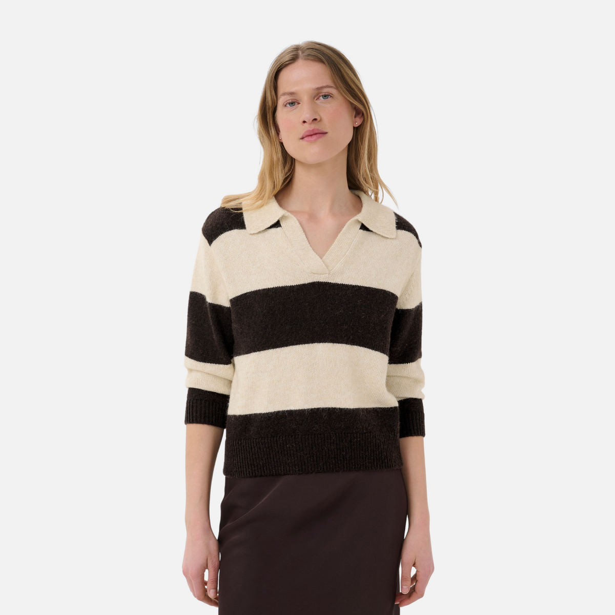 Part Two Charlott Pullover in Whitecap Grey and Mole Stripe – styled front view