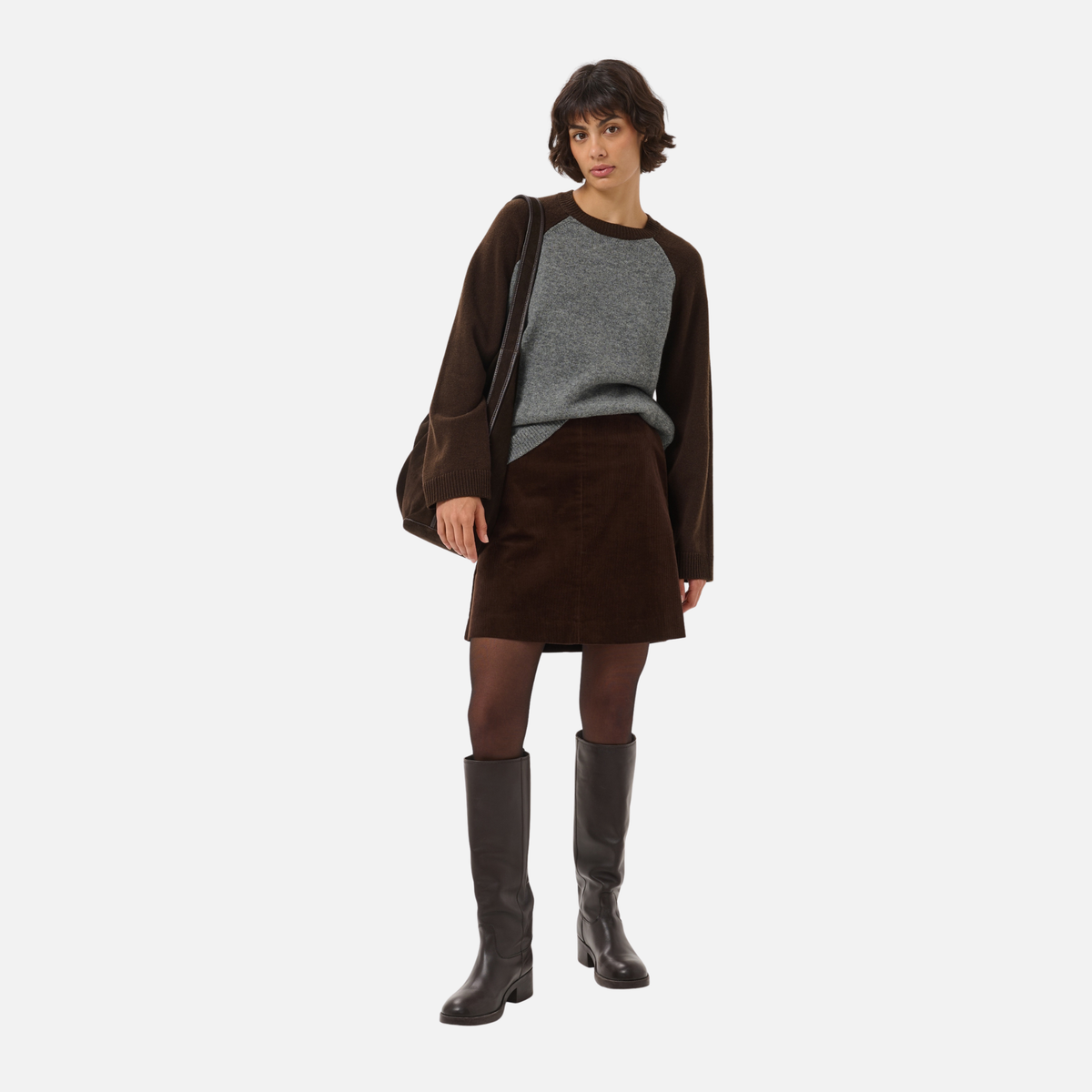 Part Two Cleo Pullover in Grey and Mole colourblock styled with cord skirt