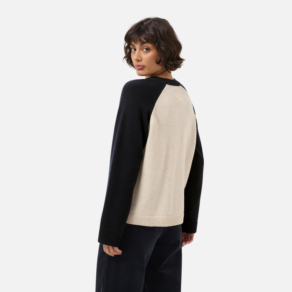 Part Two Cleo Pullover in Oatmeal and Navy colourblock, back view on model