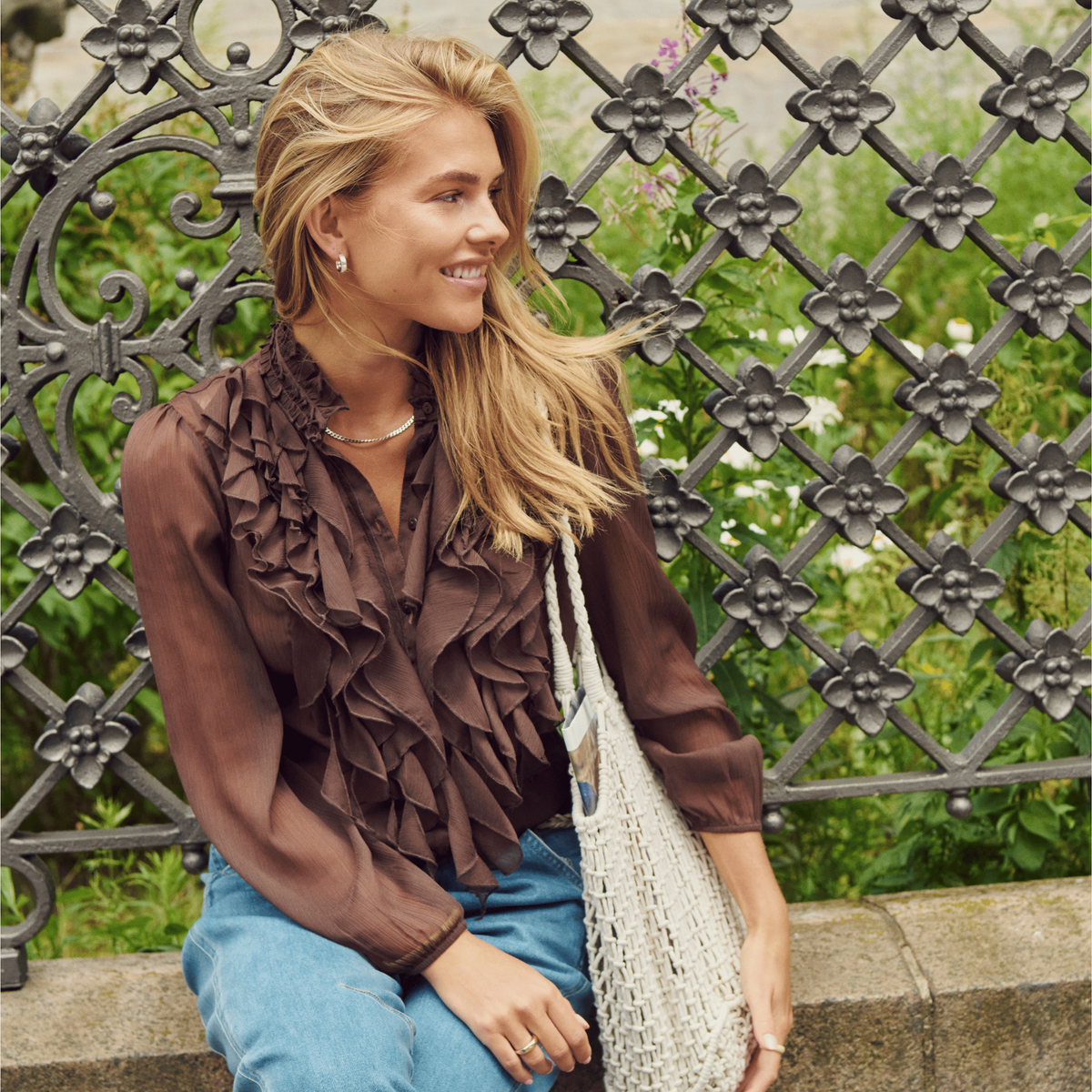 Saint Tropez Lilja Crinkle Long Sleeve Blouse in Chocolate Brown - lifestyle view