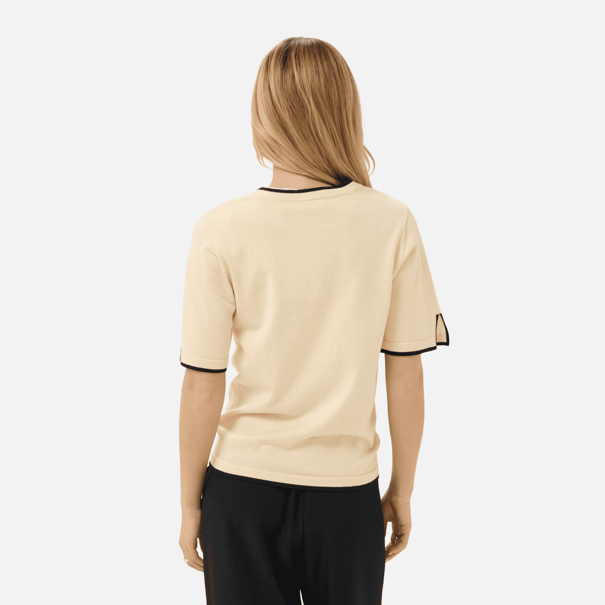 Saint Tropez Mila Contrast Stripe Short Sleeve Pullover in Birch & Nightsky