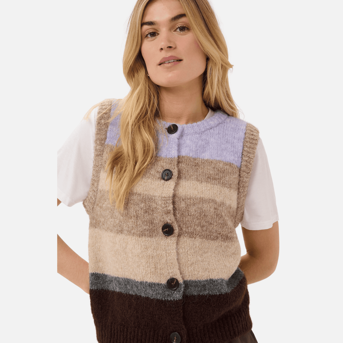 Saint Tropez Seraphina Knitted Vest in Chocolate Lilac Stripe