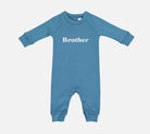 Blue baby onesie with 'Brother' text on a white background