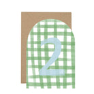 Card with a green gingham pattern and blue number '2' on a white background