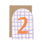 Card with a purple checkered arch and orange number '2' on a white background