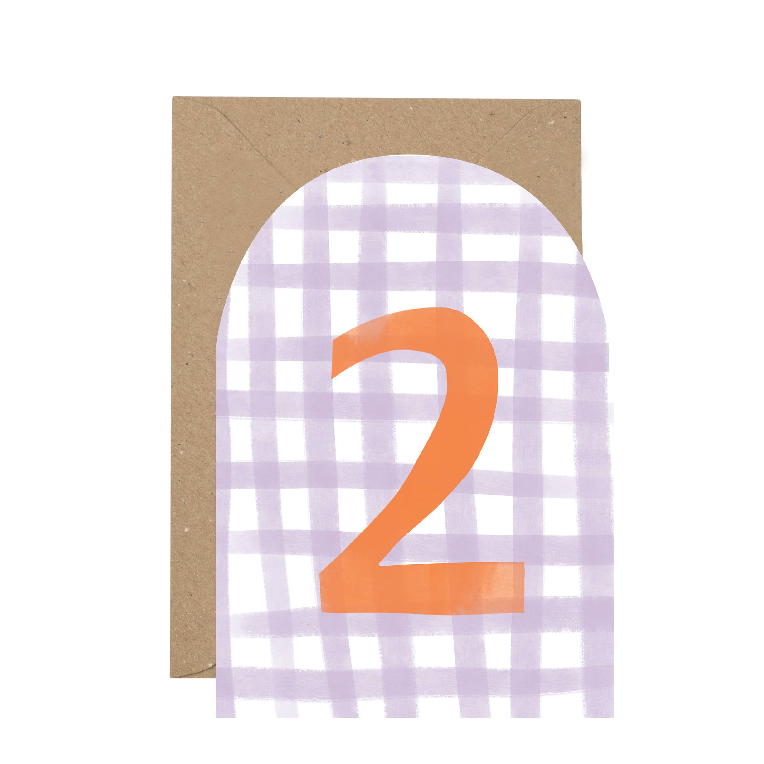 Card with a purple checkered arch and orange number '2' on a white background