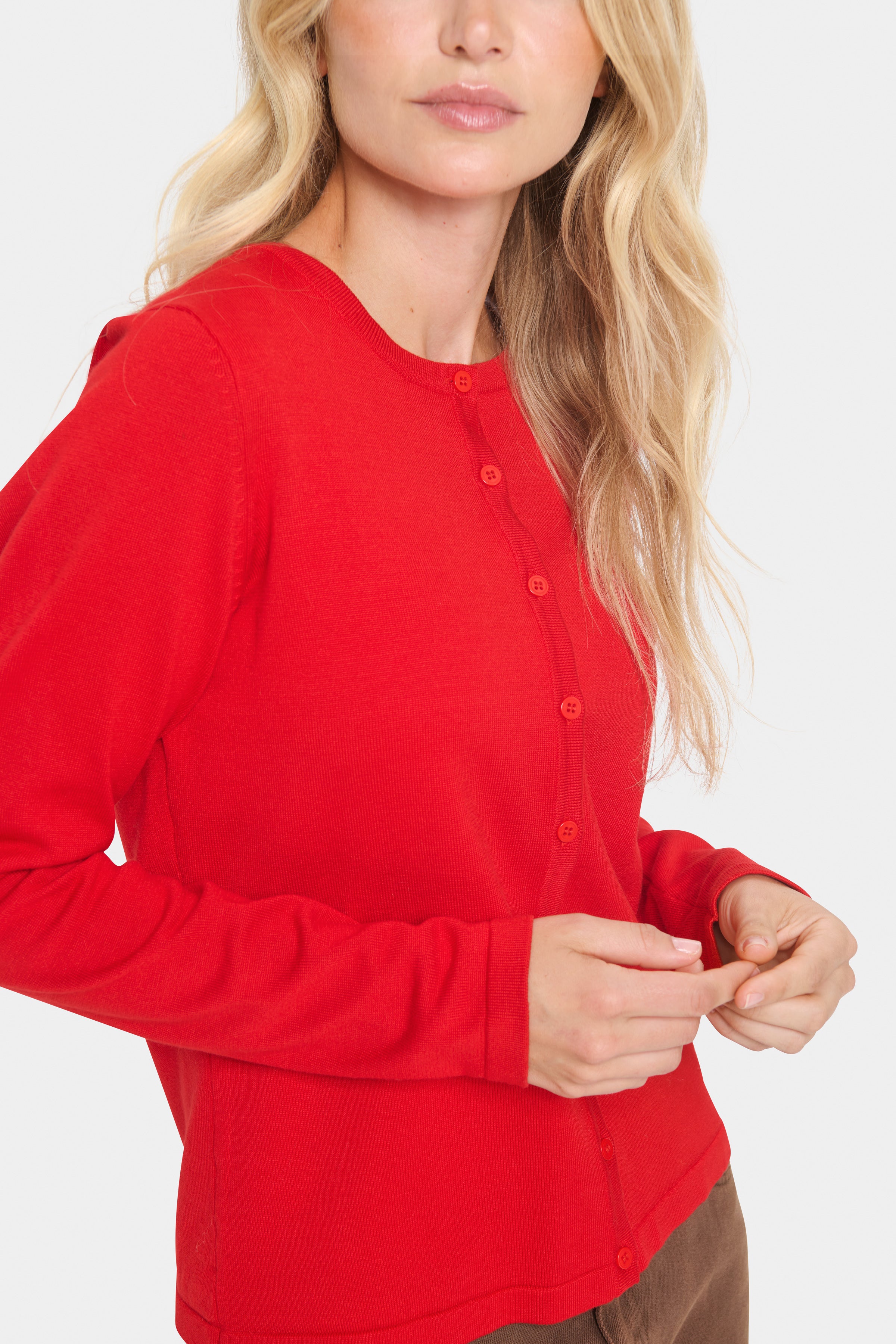 Red round neck cardigan hotsell