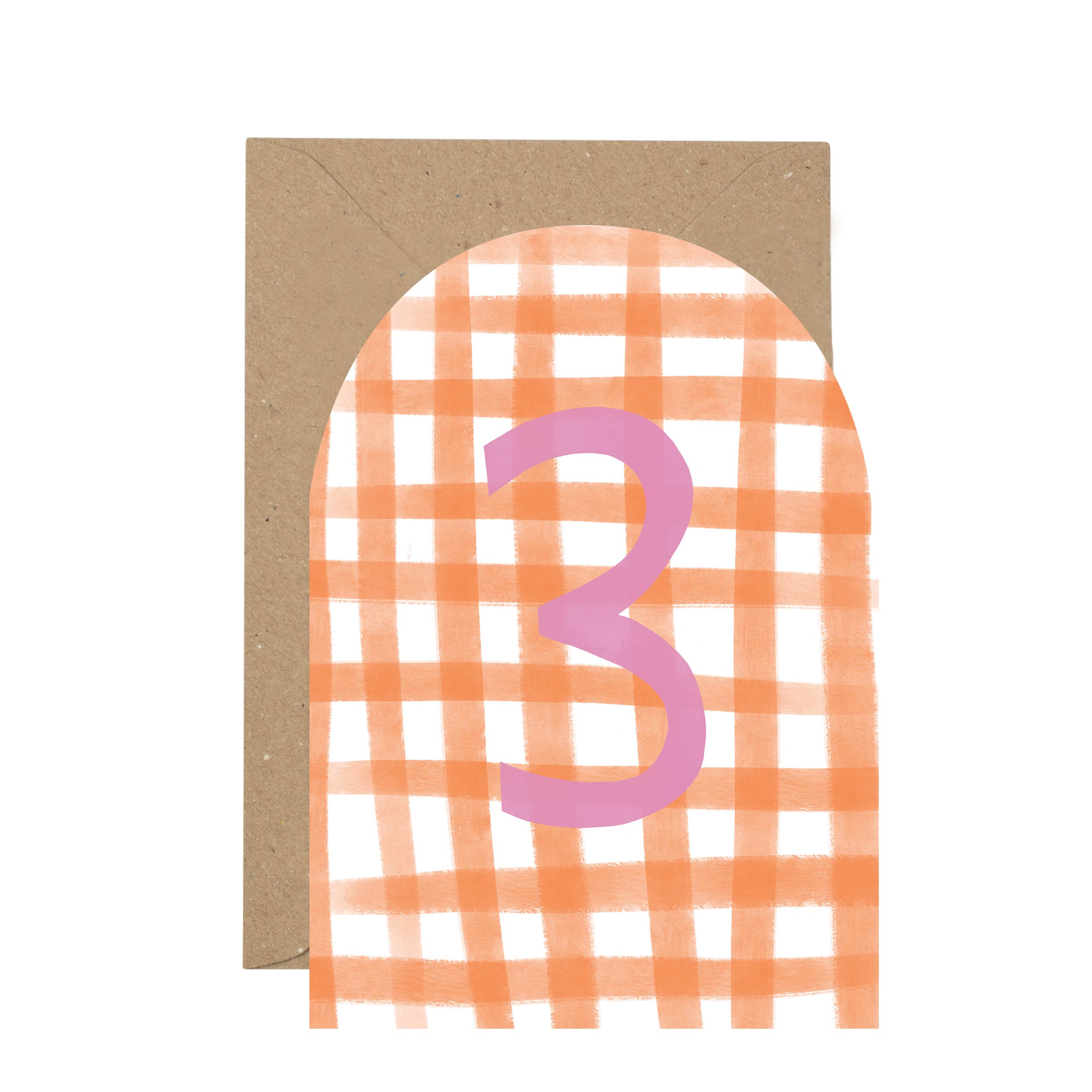 Greeting card with a pink number '3' on an orange and white checkered background