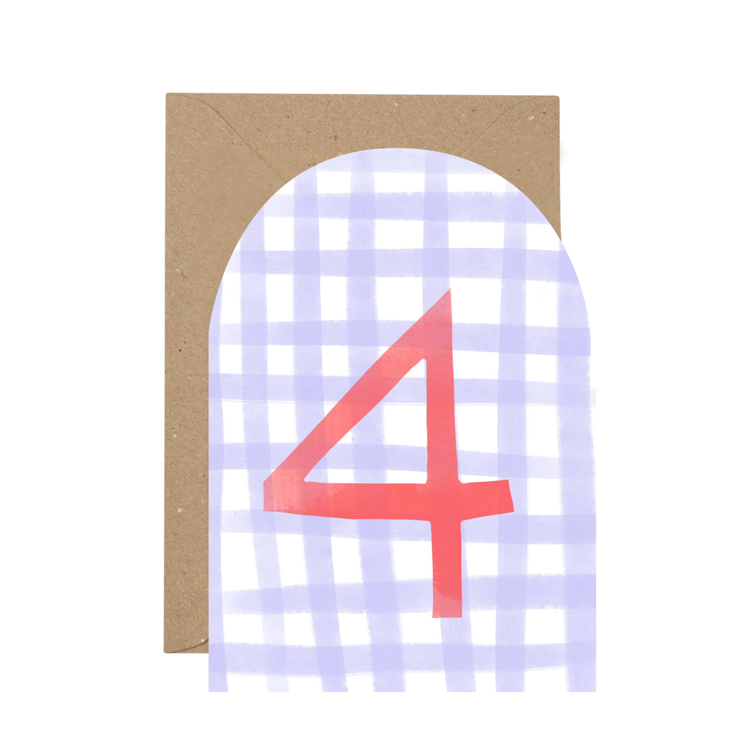 Card with a red number '4' on a purple checkered background, featuring a brown envelope.