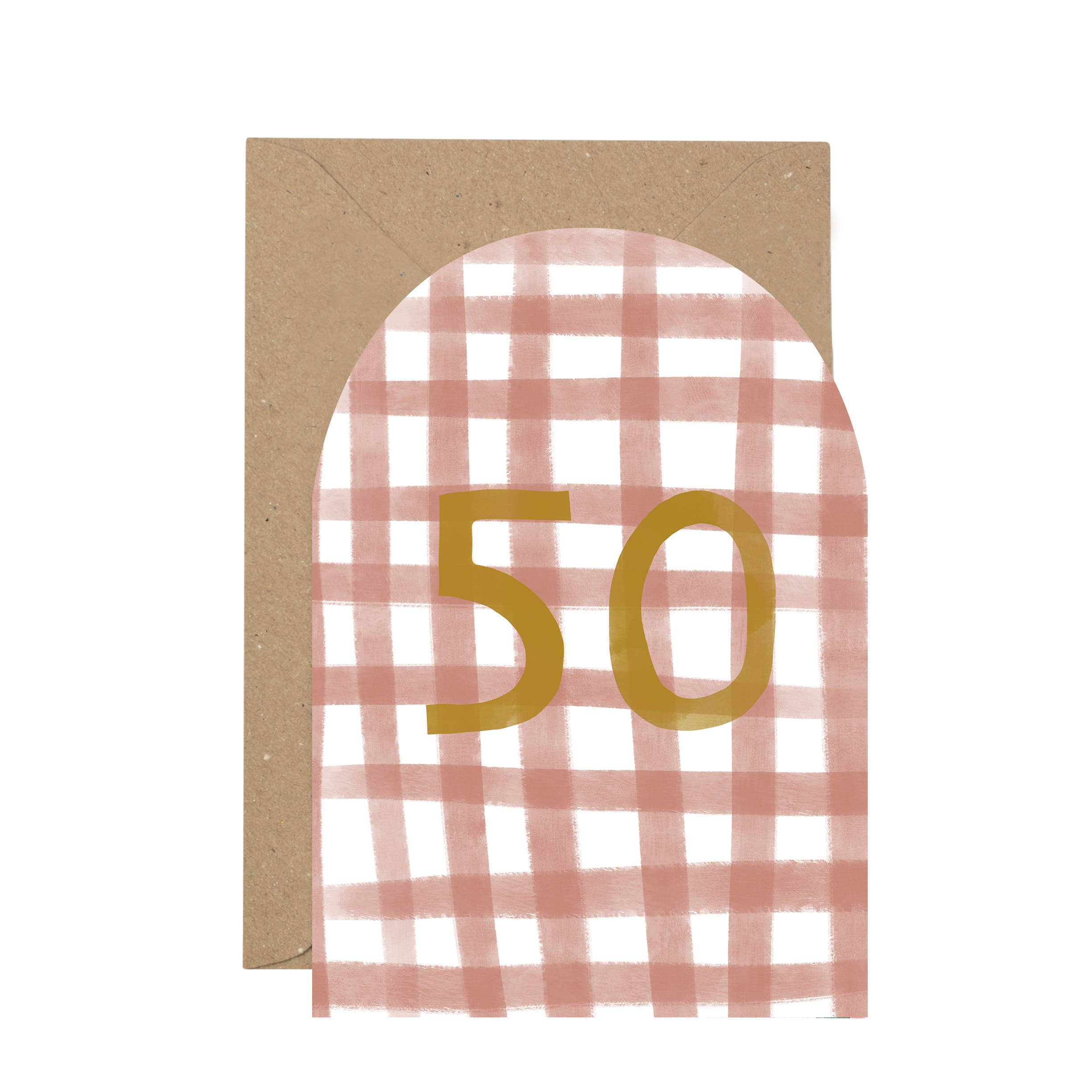 Card with pink gingham pattern and gold number 50 on a white background