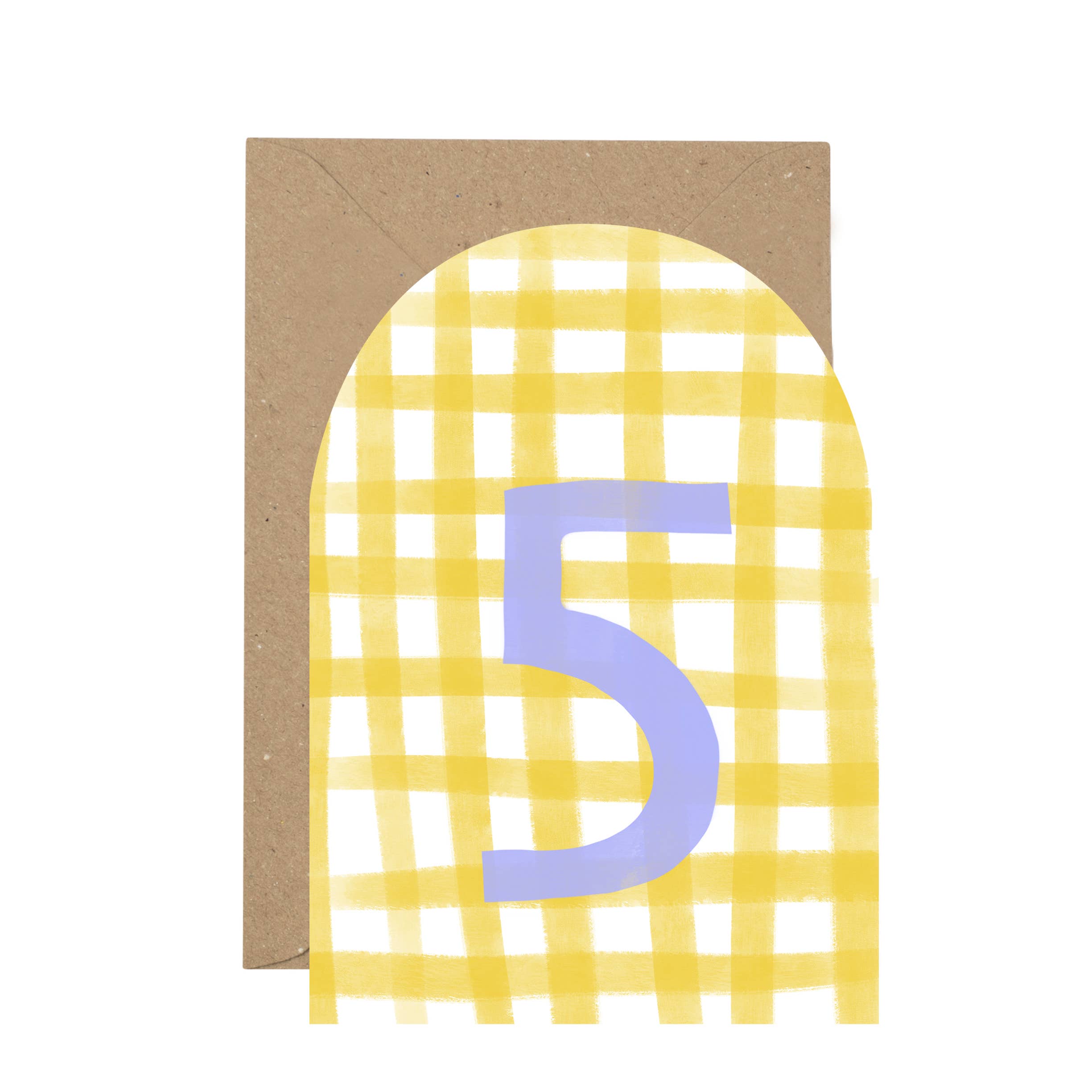 Card with yellow checkered design and purple number 5 on a white background