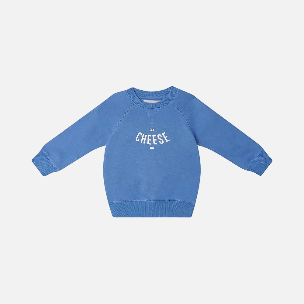 Blue sweatshirt with 'Cheese' text on a white background