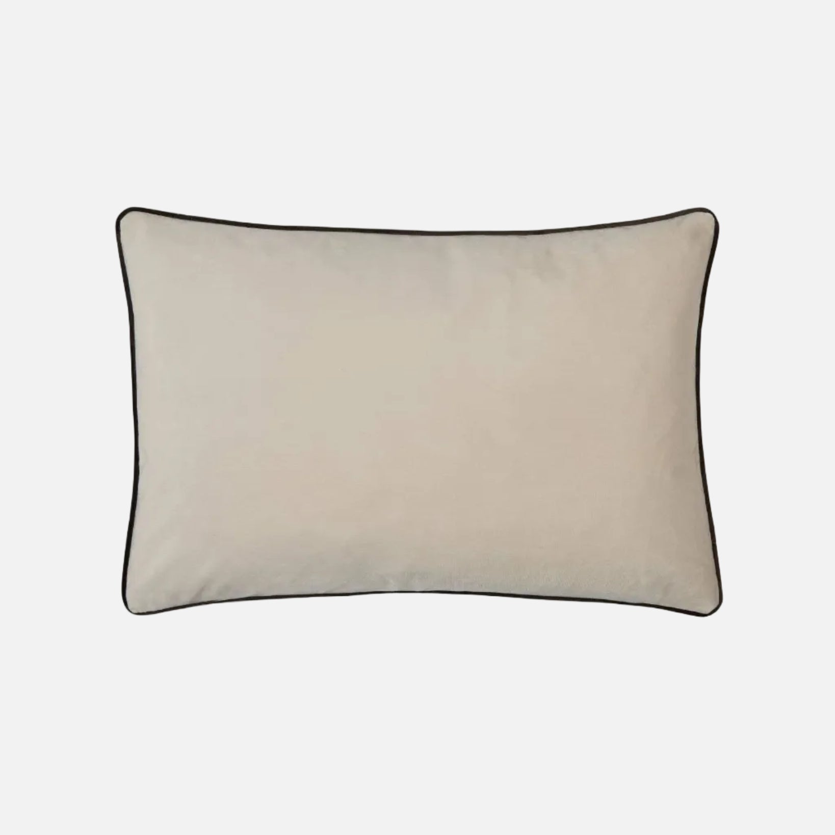Beige pillow with a black border on a white background