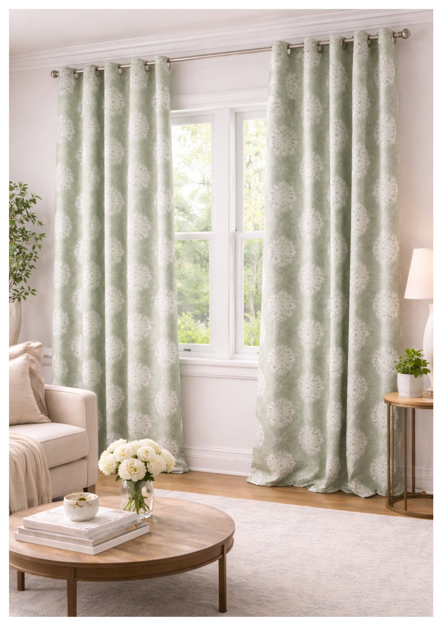 Light green curtains with a subtle pattern in a living room setting.
