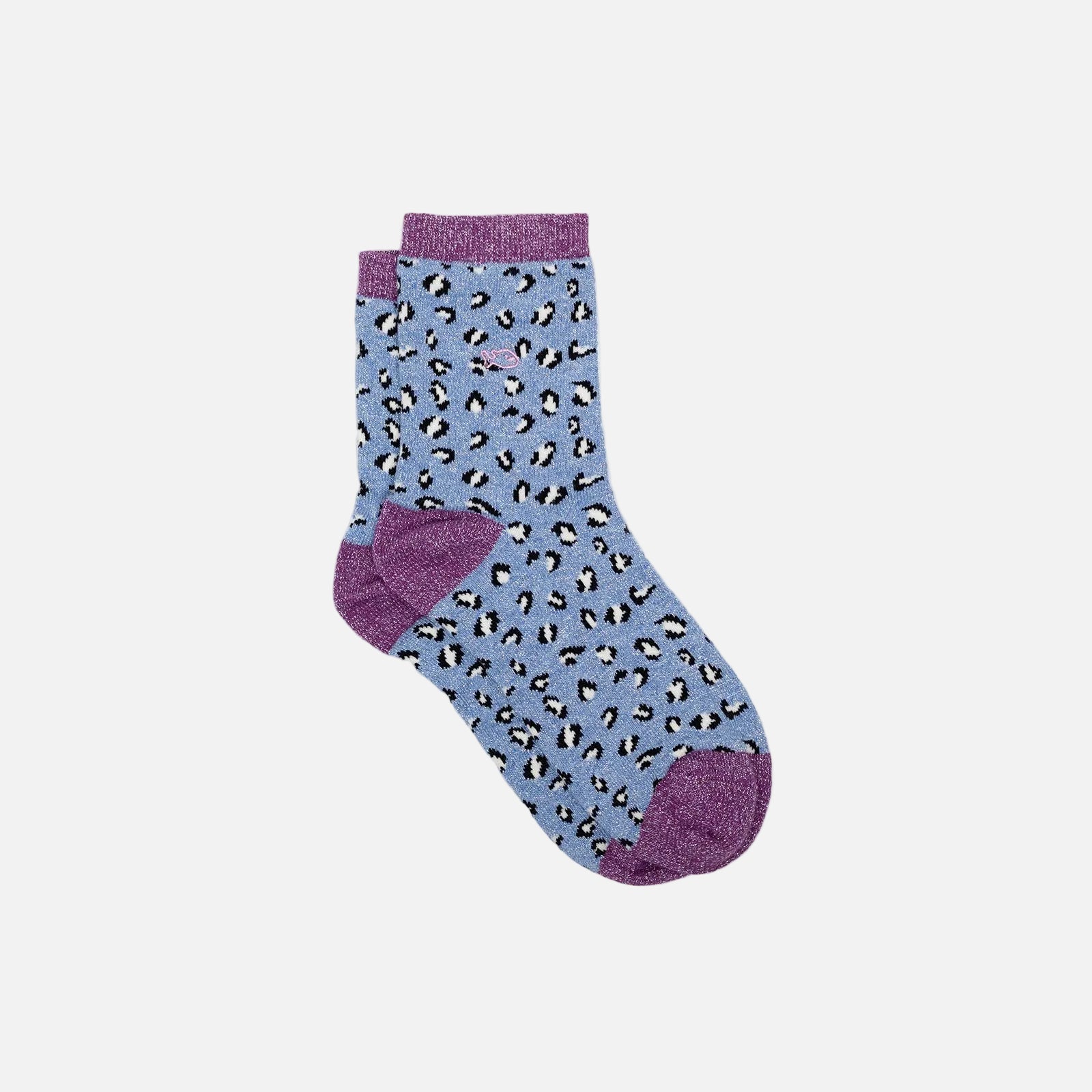 Blue sock with leopard print and purple accents on a light gray background