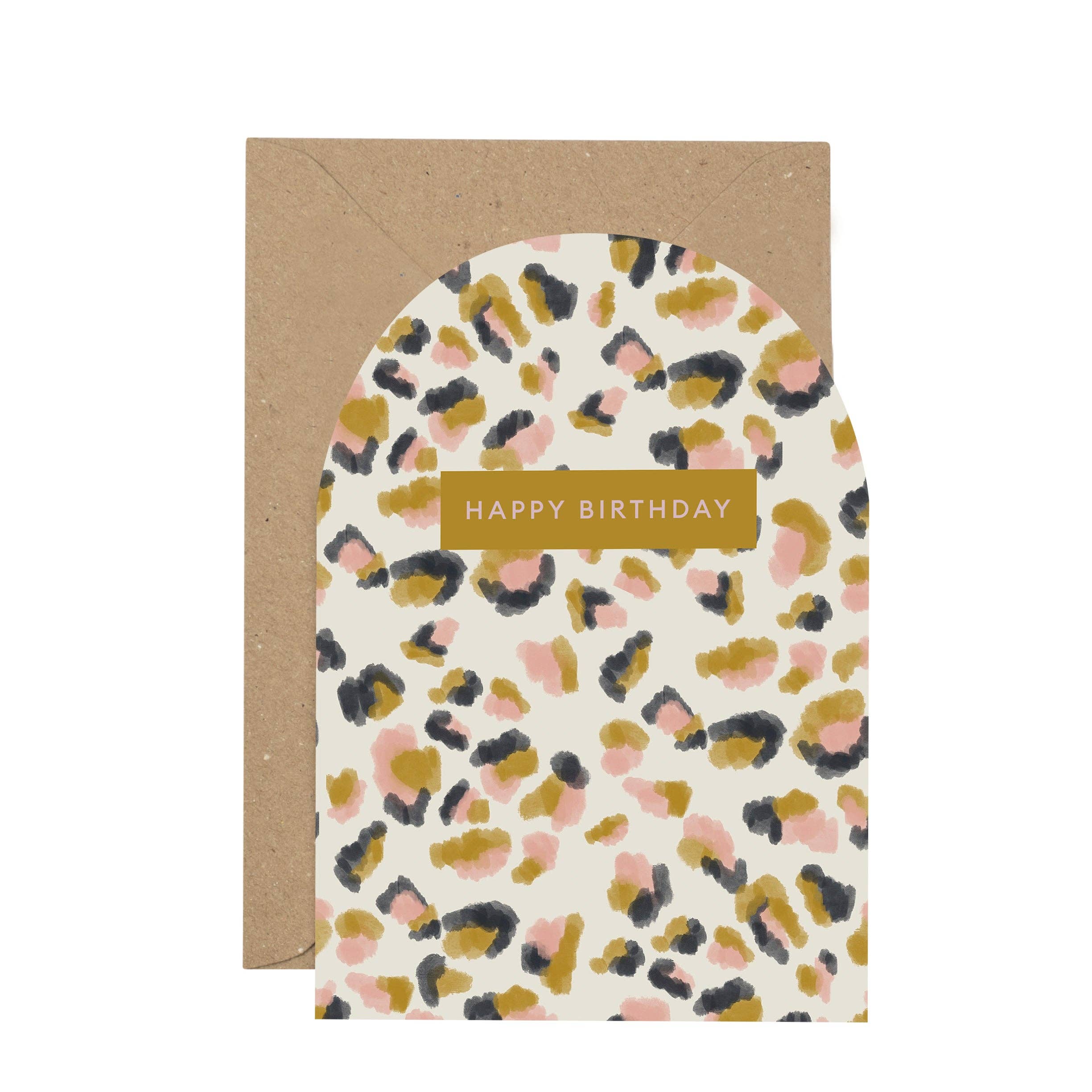 Card with colorful abstract pattern and 'Happy Birthday' text on a brown envelope.