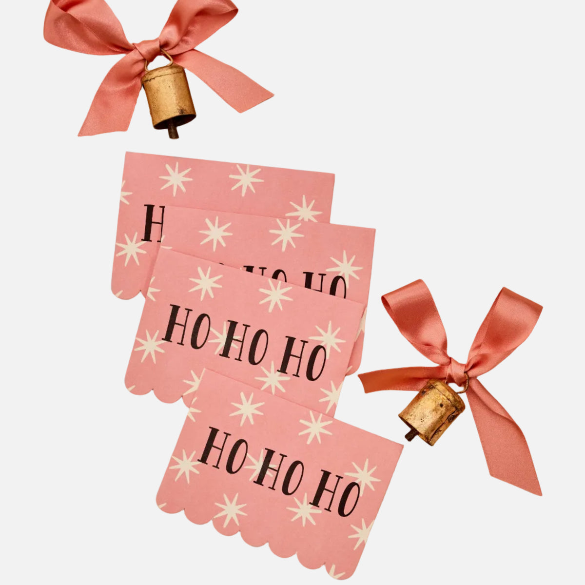 Pack of five Heather Evelyn Ho Ho Ho Christmas cards featuring pink stars and scalloped edges.