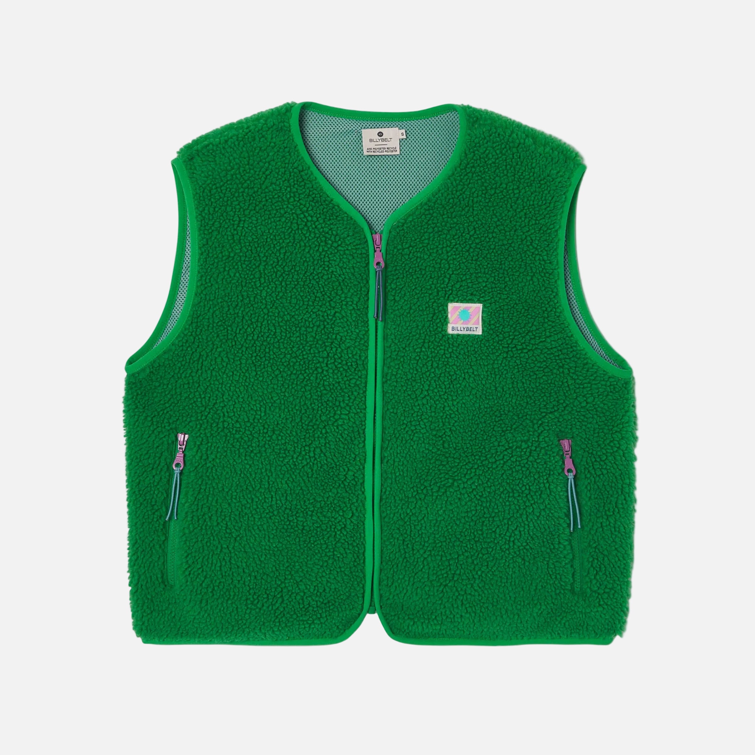Green fleece vest with a small logo on a light gray background