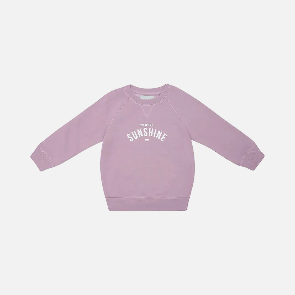 Purple sweatshirt with 'She is my sunshine' text on a white background