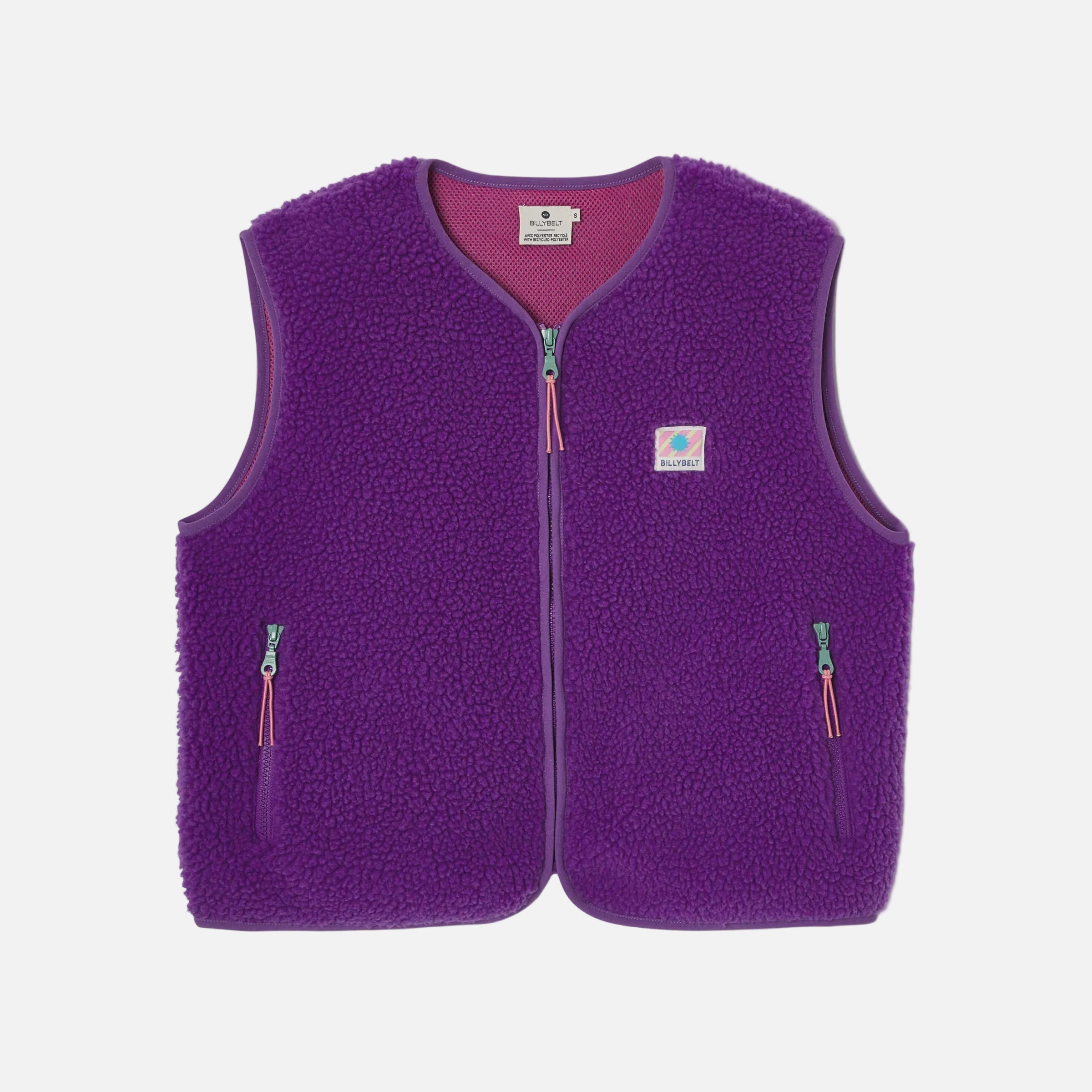 Purple fleece vest with a brand logo on a light gray background
