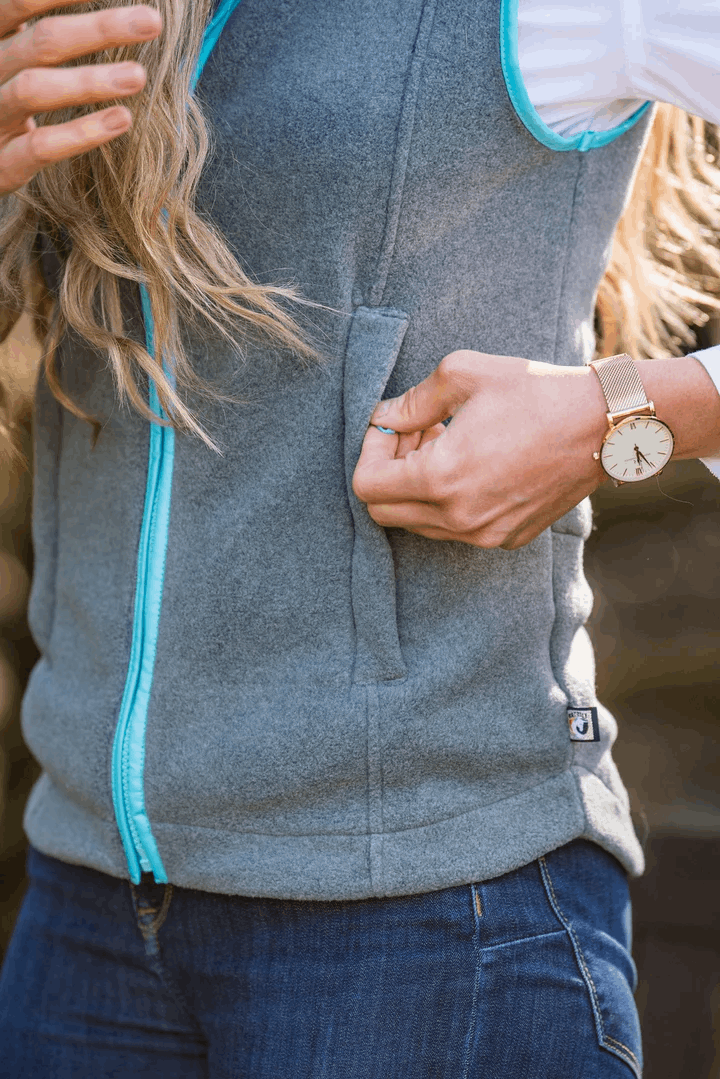 Nattily Dressed Adult Gilet | Grey with Sky Trim & Wool Pom