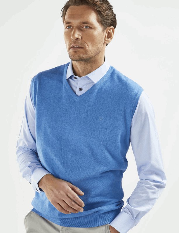 Men's Fine Gauge Cotton V-Neck Sleeveless Jumper (4220) | Horizon Blue