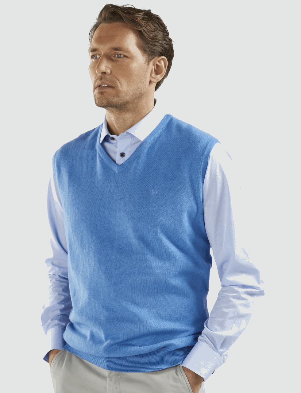 Men's Fine Gauge Cotton V-Neck Sleeveless Jumper (4220) | Horizon Blue